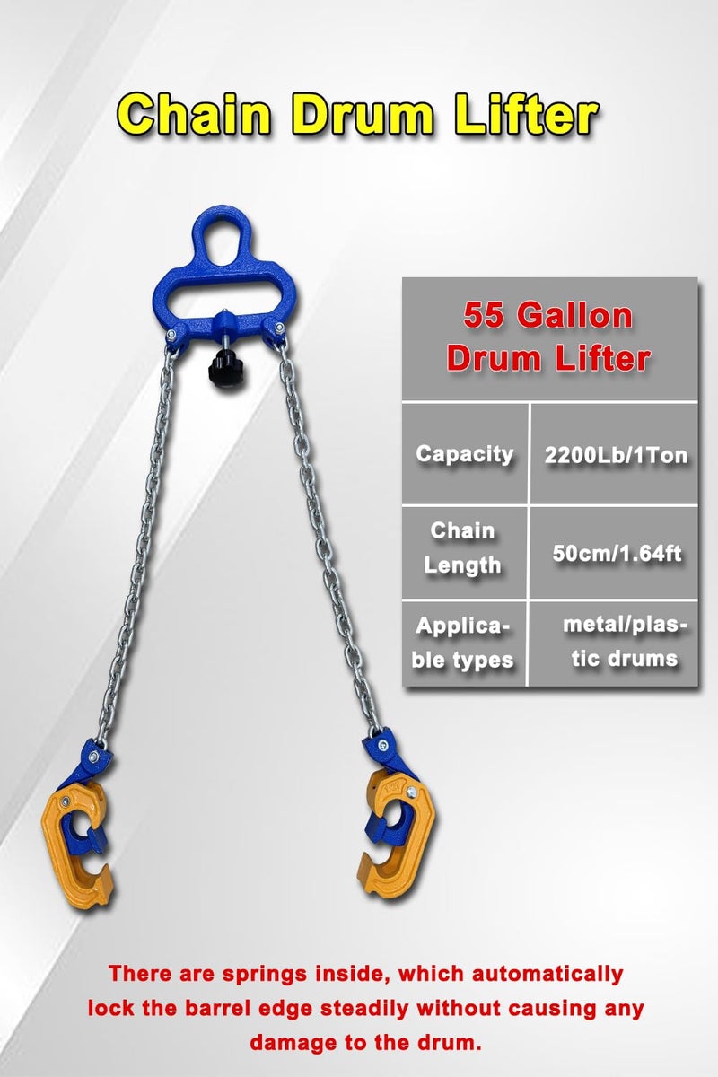 BORUI 1Ton Barrel Lifting Chain for Plastic & Steel Drums 2204LBS 20in Length, 2 Hooks Chain Drum Lifter Barrel clamp for 30 & 55 Gallon Metal/Plastic Drum Barrel, Fits for Crane, Forklift【1T- 2Hooks】 - Image 2